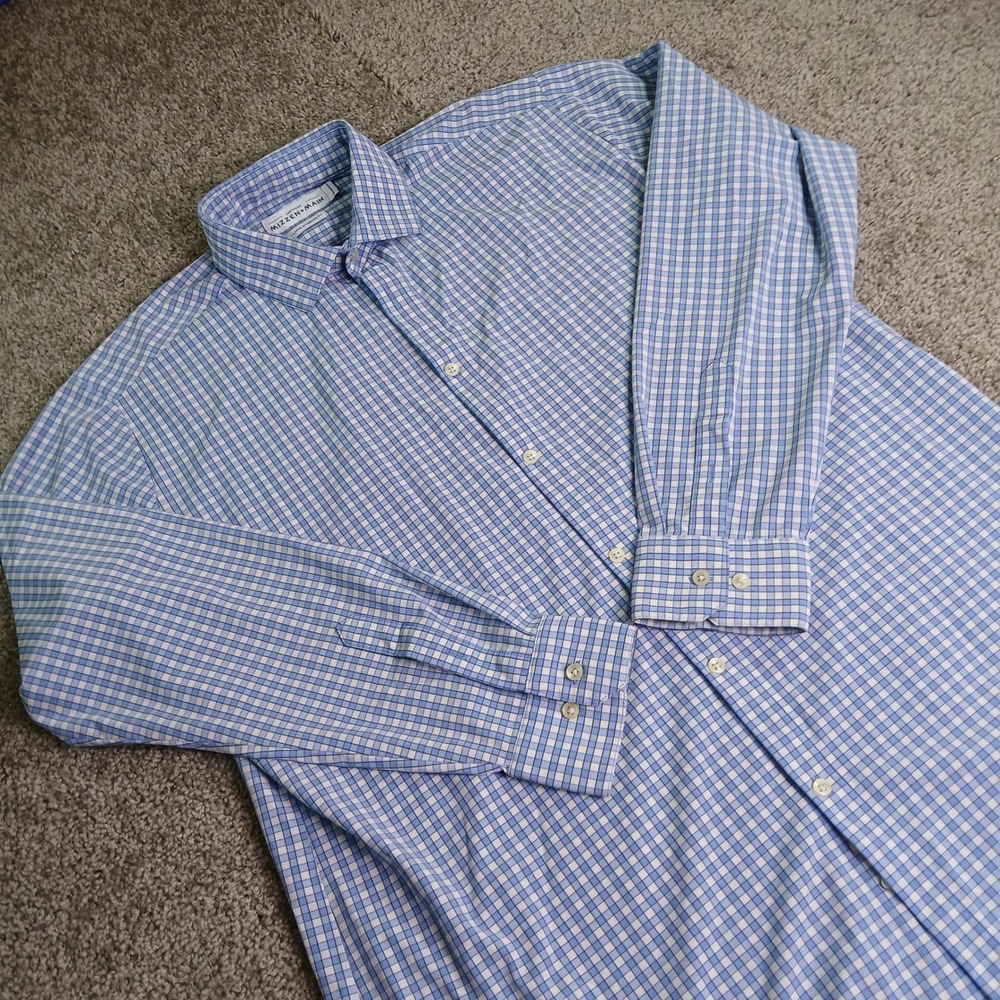 Mizzen+Main Leeward Blue Gingham Performance Dress Shirt XL Standard Fit P110818